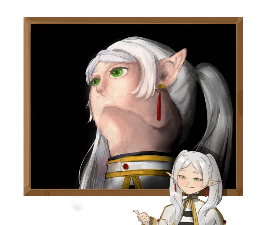 1girl, azura_(azuart0), capelet, commentary, earrings, elf, english_commentary, frieren, gold_trim, green_eyes, grey_hair, hair_over_shoulder, head_back, highres, jewelry, long_pointy_ears, long_sleeves, looking_at_viewer, looking_up, meme, painting_(object), parted_bangs, pointy_ears, simple_background, smile, solo, sousou_no_frieren, teardrop_earrings, thick_eyebrows, twintails, upper_body, upward_angle_frieren_drawing_(meme), white_background, white_capelet
