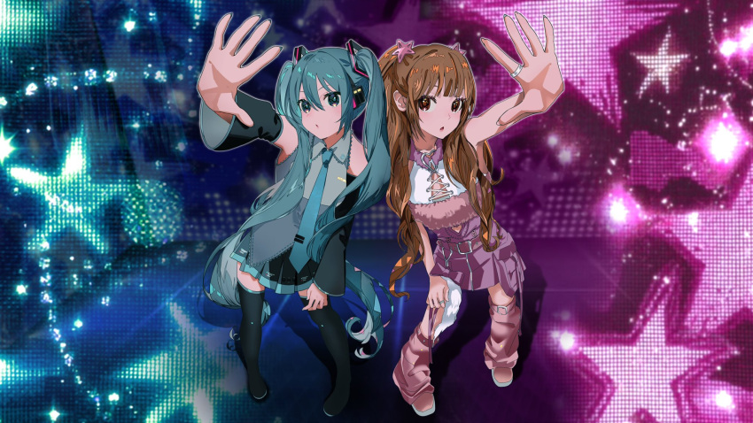2girls, aqua_eyes, aqua_hair, arm_up, black_boots, black_skirt, black_sleeves, blue_necktie