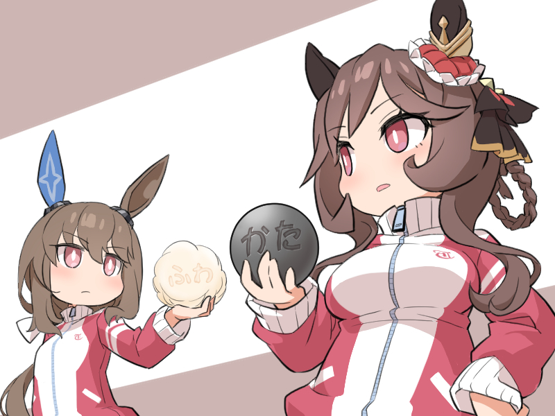 2girls, admire_vega_(umamusume), animal_ears, blush, braid, braided_hair_rings, breasts, brown_hair