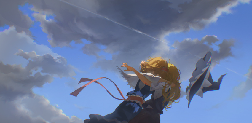 2girls, absurdres, alice_margatroid, black_hat, black_vest, blonde_hair, blue_dress, blue_sky, bow, capelet, chinese_commentary, clouds, cloudy_sky, commentary, day, dress, english_commentary, frilled_hairband, frills, hairband, hat, highres, hug, injury, kinoko_(kino2435006), kirisame_marisa, long_hair, mixed-language_commentary, multiple_girls, outdoors, outstretched_arm, red_hairband, red_sash, sash, scratches, shirt, short_hair, sky, torn_clothes, torn_shirt, touhou, unworn_hat, unworn_headwear, vest, white_bow, white_capelet, white_hat, white_shirt, witch_hat, yuri