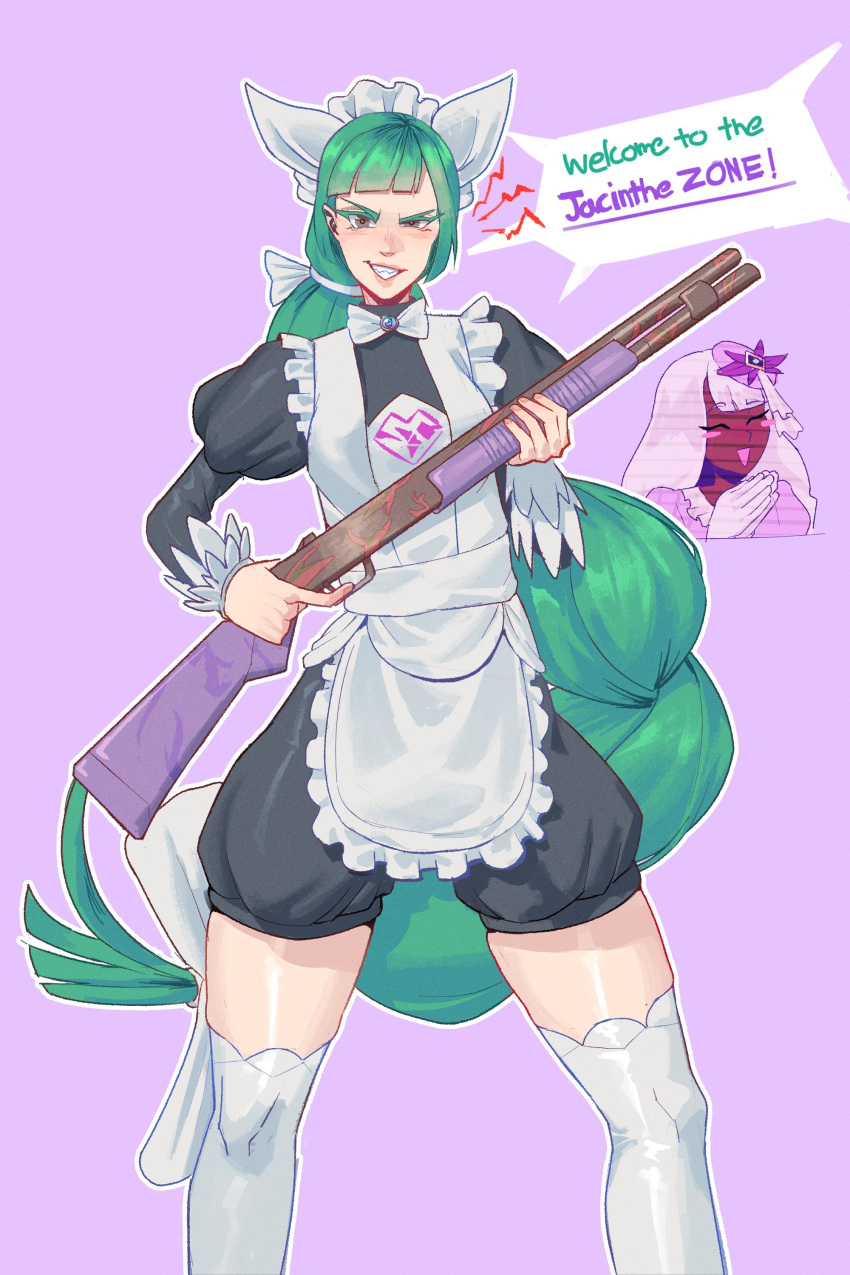 2girls, absurdres, big_hair, black_romper, blunt_bangs, bow, bowtie, braid, braided_ponytail, cropped_legs, dedhed_art, green_hair, grin, gun, highres, holding, holding_gun, holding_weapon, jacinthe_(pokemon), lebanne_(pokemon), long_braid, long_hair, maid_headdress, multiple_girls, pokemon, pokemon_legends:_z-a, puffy_sleeves, pump_action, romper, shotgun, smile, solo_focus, standing, very_long_hair, weapon, white_bow, white_bowtie