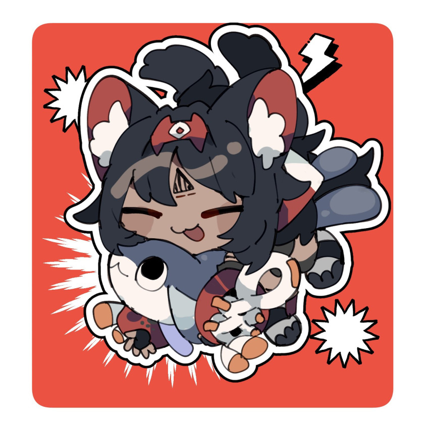 1girl, animal_ear_fluff, animal_ears, barcode, barcode_tattoo, black_gloves, black_hair, border, byako_(srktn), cat_ears, cat_girl, cat_tail, chibi, chibi_only, closed_eyes, commentary_request, facial_mark, fish, forehead_mark, forehead_tattoo, gloves, hairband, highres, lightning_bolt_symbol, nekomiya_mana, open_mouth, outline, red_background, red_hairband, red_sleeves, round_border, solo, tail, tattoo, triangle, triangle_facial_mark, white_border, white_outline, zenless_zone_zero