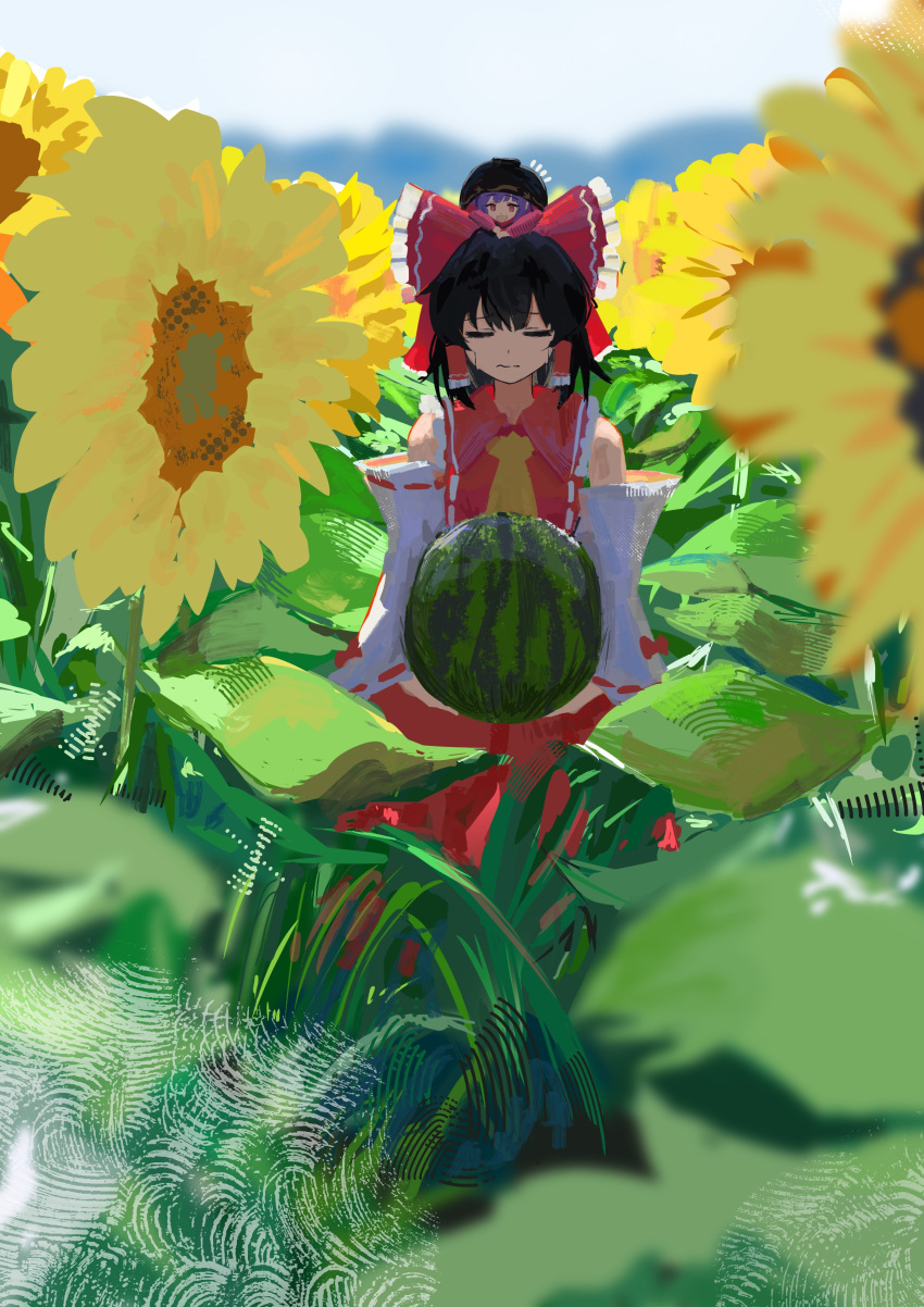 2girls, absurdres, ascot, bare_shoulders, blue_sky, bow, closed_mouth, commentary_request, detached_sleeves, field, flower, flower_field, food, fruit, hair_tubes, hakurei_reimu, highres, holding, holding_food, holding_fruit, holding_watermelon, koukouya, mini_person, mini_person_on_head, multiple_girls, open_mouth, red_bow, red_shirt, red_skirt, shirt, skirt, sky, sleeveless, sleeveless_shirt, smile, sukuna_shinmyoumaru, sunflower, sunflower_field, touhou, watermelon, yellow_ascot