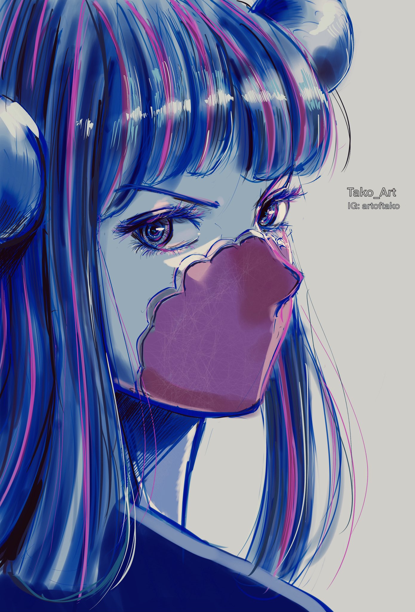 1girl, blue_hair, blunt_bangs, eyelashes, highres, horns, instagram_username, long_hair