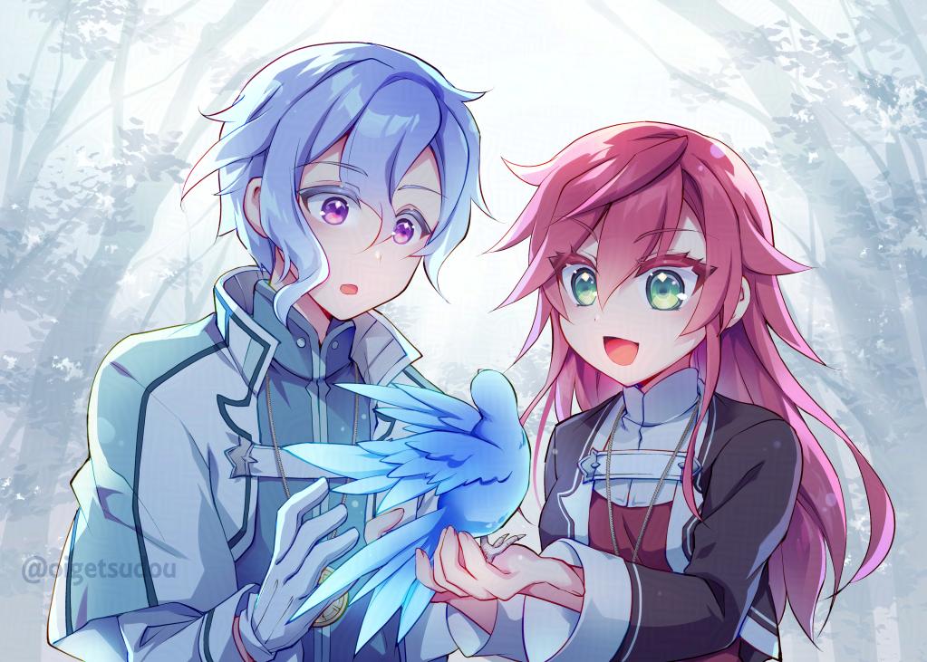 1boy, 1girl, bird, blue_hair, celis_ortesia, coat, couple, eiyuu_densetsu
