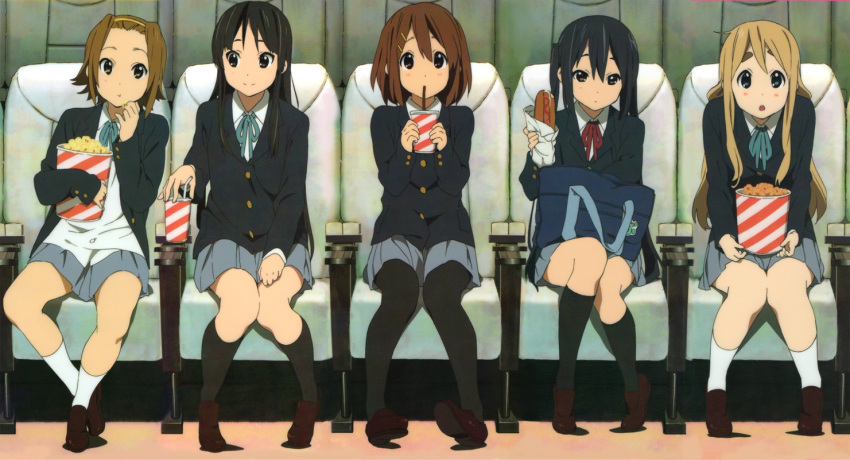 bag, black_legwear, blazer, drink, food, hirasawa_yui, horiguchi_yukiko, hot_dog
