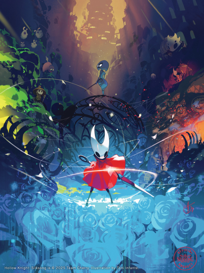 arthropod_girl, bell_beast_(hollow_knight), black_skin, cloak, colored_skin, commentary, english_commentary, flea_(hollow_knight)