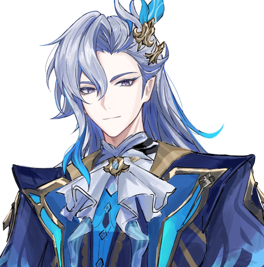 1boy, ascot, blue_eyeshadow, blue_hair, blue_jacket, blue_vest, bright_pupils, buttons