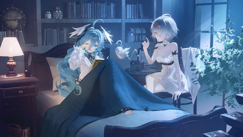 2girls, absurdres, ahoge, arm_support, bandage_on_face, bandage_over_one_eye, bandaged_arm, bandages