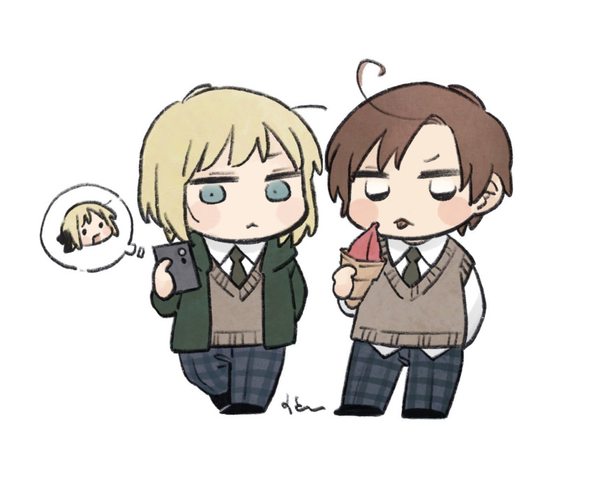 1girl, 2boys, ahoge, arm_behind_back, axis_powers_hetalia, black_eyes, black_ribbon, black_shoes