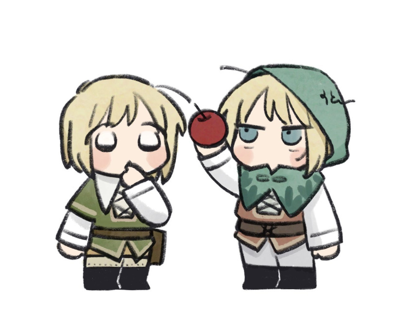 1boy, 1girl, ahoge, apple, arm_up, axis_powers_hetalia, belt, black_boots