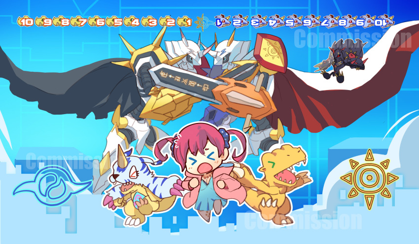 >_<, 1girl, 765_nanami, absurdres, agumon, armor, black_cape, blue_camisole