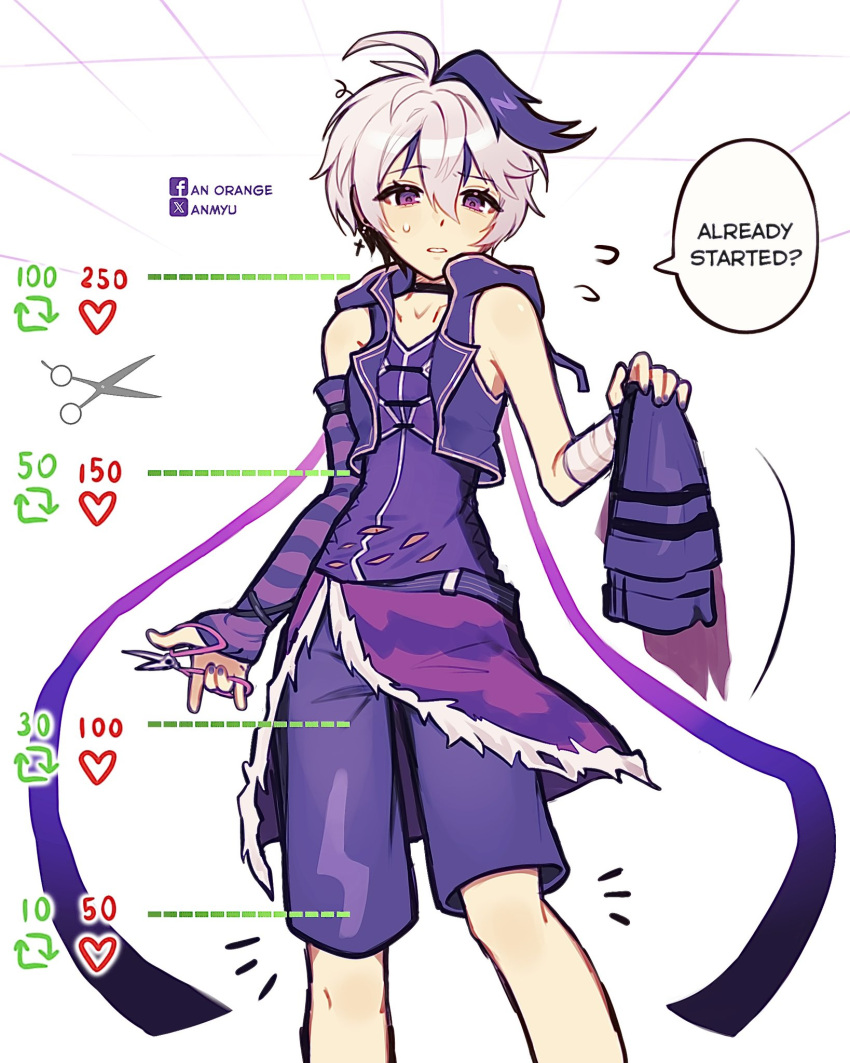 1girl, ahoge, androgynous, anmyu, bandaged_arm, bandages, bare_shoulders, belt