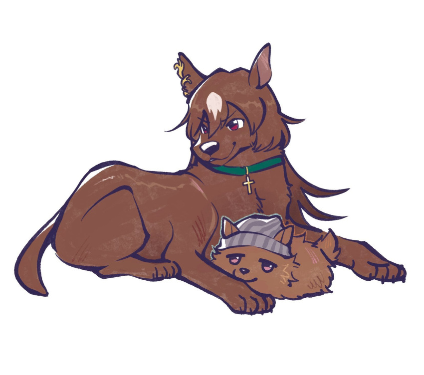 animal_ears, animal_focus, animalization, beanie, choker, dog, ears_through_headwear, green_choker