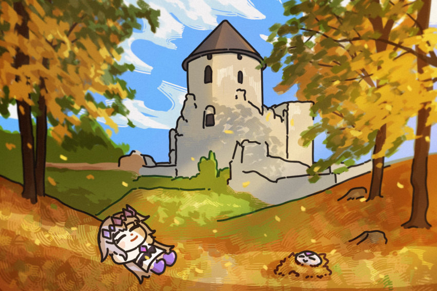 1girl, 1other, arms_behind_head, autumn, autumn_leaves, bing_huyue, blush_stickers, castle