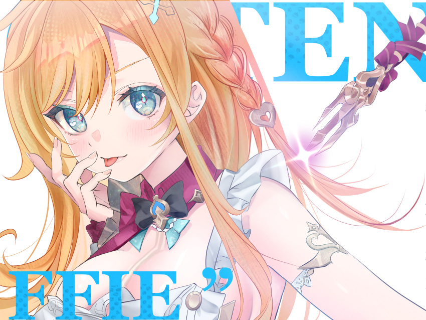 1girl, :p, absurdres, apron, aqua_eyes, armlet, black_bow, black_bowtie