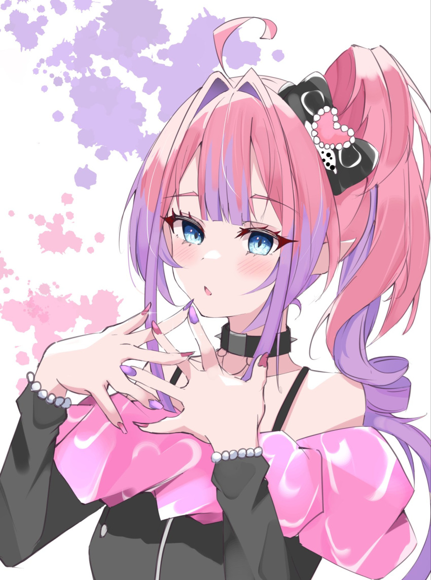 1girl, ahoge, black_collar, black_shirt, blue_eyes, collar, commentary_request, drill_hair, drill_ponytail, highres, hololive, hololive_dev_is, kikirara_vivi, kikirara_vivi_(flowglow_uniform), liyaku, looking_at_viewer, multicolored_hair, nail_polish, official_alternate_costume, pink_hair, pointy_ears, ponytail, purple_hair, purple_nails, shirt, solo, streaked_hair, virtual_youtuber