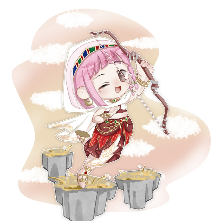 1girl, absurdres, blunt_bangs, border, bow_(weapon), bracelet, braid, brown_eyes, chibi, choker, cloak, clouds, commentary_request, crop_top, earrings, gold_bracelet, gold_choker, gold_earrings, gold_sandals, hand_on_own_chest, happy, highres, holding, holding_bow_(weapon), holding_weapon, hood, hood_up, hooded_cloak, hoop_earrings, infinity_nikki, jewelry, layered_skirt, leg_up, light_blush, long_skirt, looking_at_viewer, midriff, multiple_bracelets, nikki_(nikki), nikki_(series), one_eye_closed, open_mouth, orange_sky, outdoors, outline, outside_border, pink_hair, platform, pleated_skirt, purifying_wind_(infinity_nikki), qingchen_(xinjinjumin641435542735), red_shirt, red_skirt, sandals, shirt, short_hair, side_braids, skirt, sky, sleeveless, sleeveless_shirt, smile, solo, striped_clothes, striped_skirt, sunset, tareme, twin_braids, two-tone_shirt, vertical-striped_clothes, vertical-striped_skirt, weapon, white_border, white_cloak, white_outline, white_shirt, white_skirt