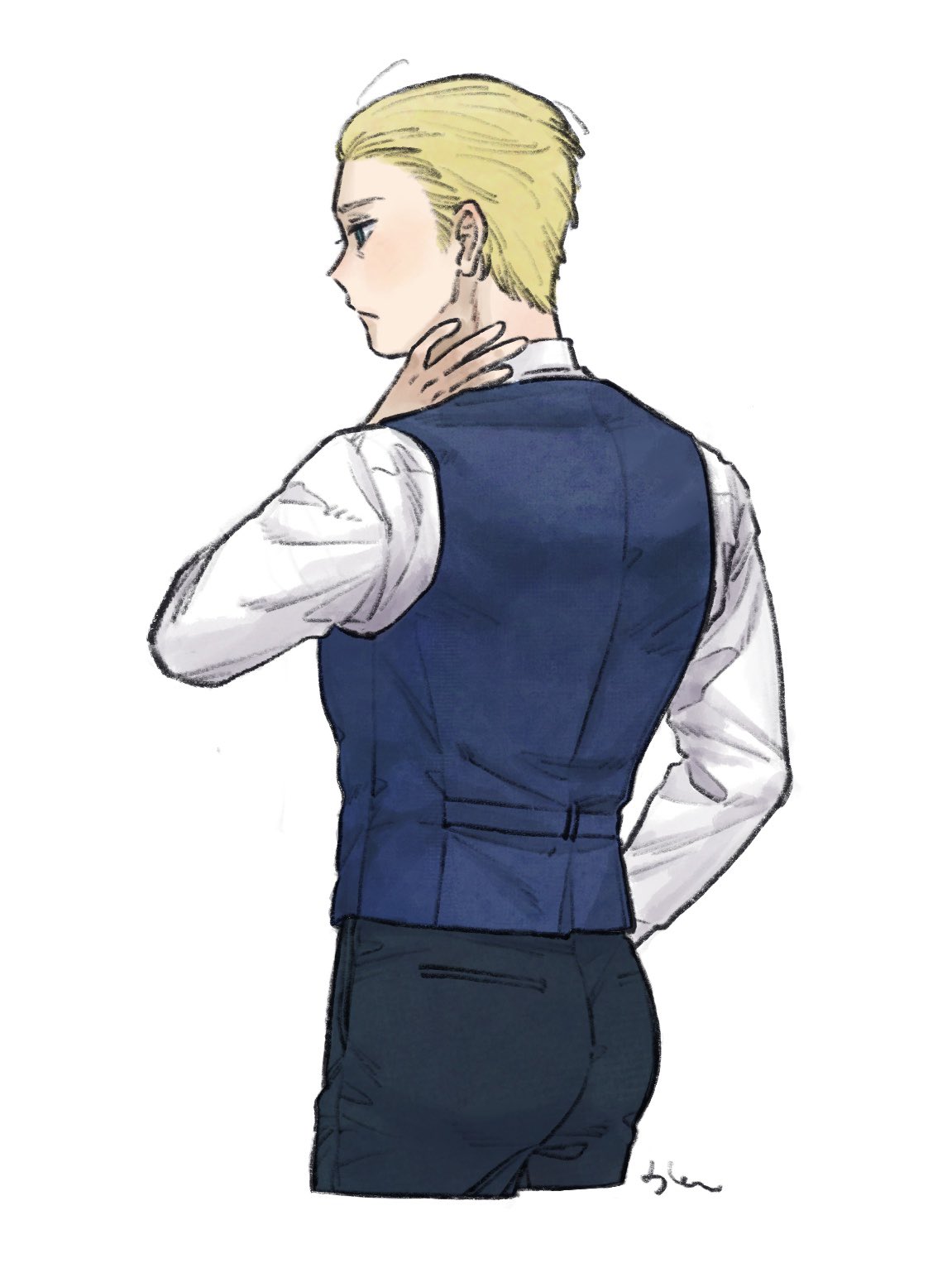 1boy, axis_powers_hetalia, black_pants, blonde_hair, blue_eyes, blue_vest, closed_mouth, commentary_request, cowboy_shot, empty_eyes, from_behind, germany_(hetalia), half-closed_eyes, hand_on_own_neck, hand_up, highres, long_sleeves, looking_to_the_side, male_focus, mi_aph_to, pants, shirt, short_hair, simple_background, solo, standing, vest, white_background, white_shirt