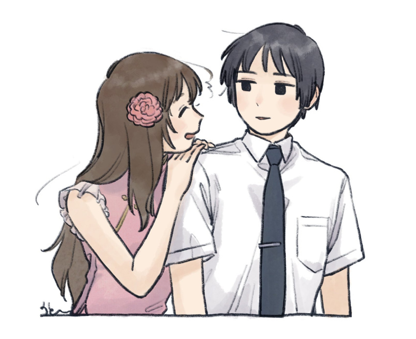 1boy, 1girl, ahoge, axis_powers_hetalia, bare_shoulders, black_eyes, black_hair, black_necktie