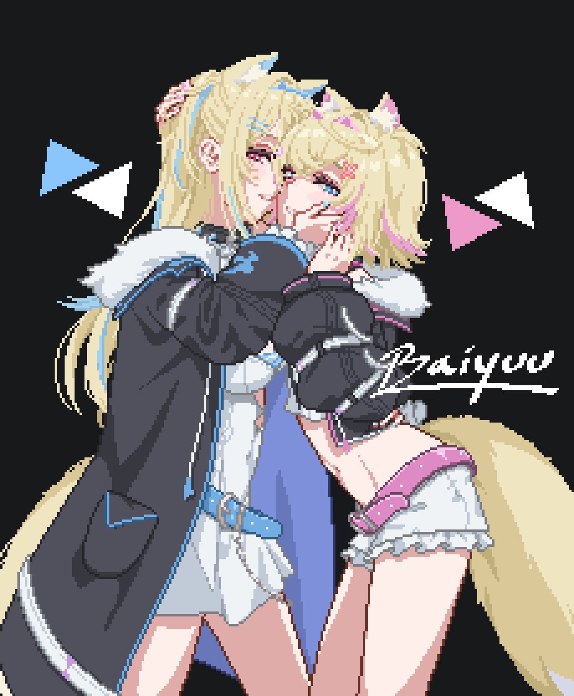 2girls, animal_ear_fluff, animal_ears, baiyuu, belt, black_background, black_collar, blonde_hair, blue_eyes, blue_hairband, breasts, collar, dog_ears, dog_girl, dog_tail, fake_horns, frilled_shorts, frills, fuwawa_abyssgard, fuwawa_abyssgard_(1st_costume), hair_ornament, hairband, hand_on_another's_cheek, hand_on_another's_chin, hand_on_another's_face, hand_on_another's_head, highres, holoadvent, hololive, hololive_english, horn_hairband, horns, imminent_kiss, large_breasts, long_hair, mococo_abyssgard, mococo_abyssgard_(1st_costume), multicolored_hair, multiple_girls, navel, pink_belt, pink_eyes, pink_hairband, shorts, siblings, simple_background, sisters, spiked_collar, spikes, streaked_hair, tail, twins, virtual_youtuber, x_hair_ornament, yuri