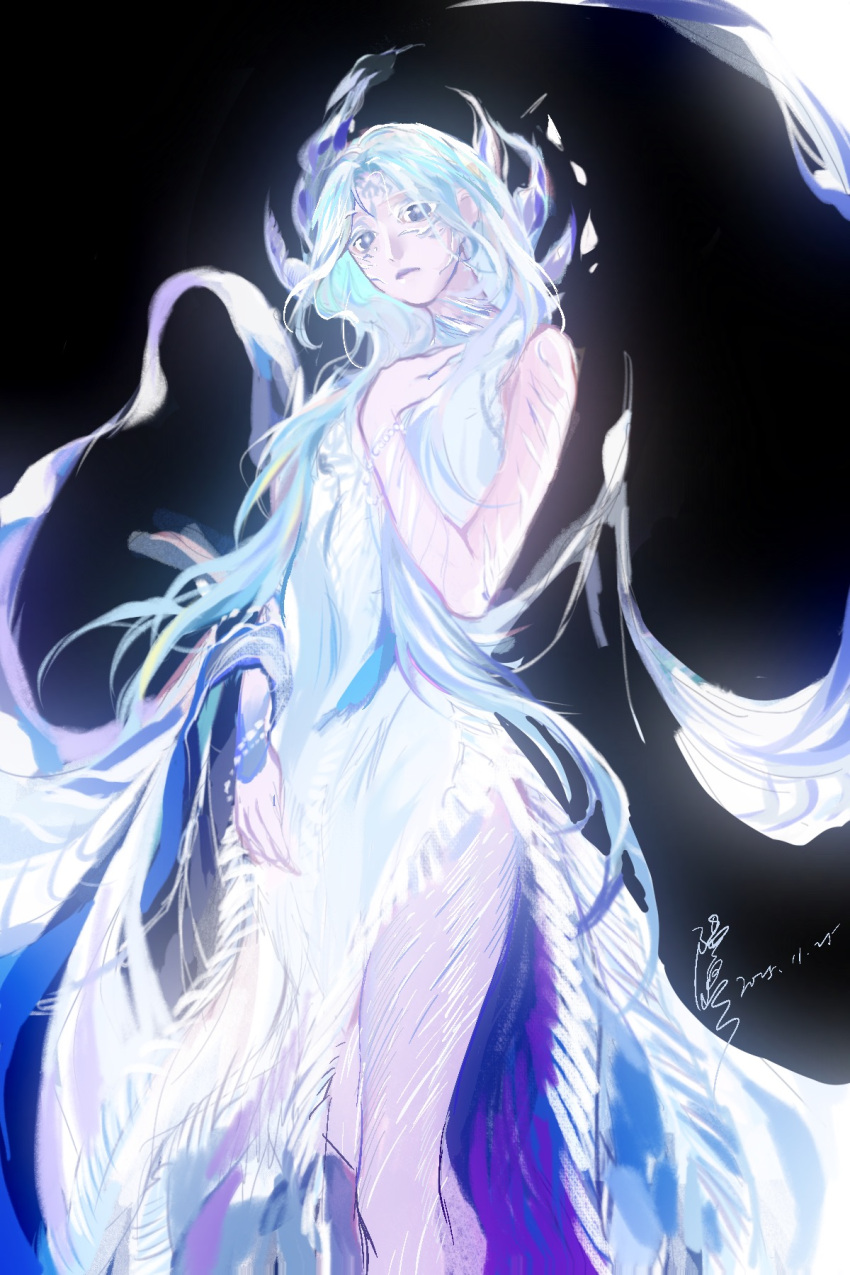 1girl, bare_arms, bare_legs, bare_shoulders, black_background, blue_dress, blue_eyes, blue_hair, born_flawless_(infinity_nikki), chinese_commentary, chunxi_yangquan, closed_mouth, commentary_request, crystal, dated, dress, expressionless, facepaint, feather-trimmed_dress, feather_hair_ornament, feathers, feet_out_of_frame, floating, floating_hair, hair_ornament, hair_over_shoulder, hand_on_own_chest, hand_on_own_hip, highres, infinity_nikki, knees, lips, long_dress, long_hair, looking_at_viewer, material_growth, nikki_(series), parted_bangs, side_slit, signature, simple_background, solo, strapless, strapless_dress, very_long_hair, wavy_hair
