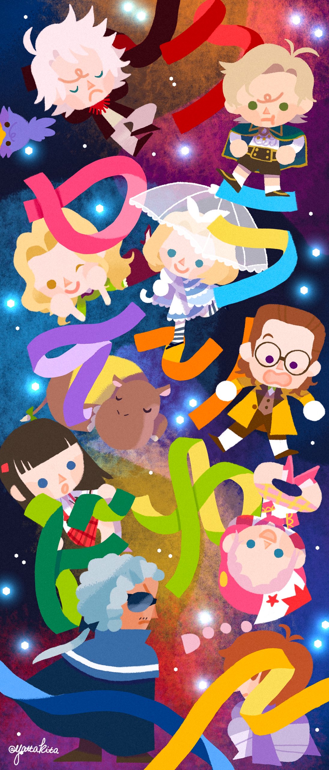 3girls, 6+boys, absurdres, antonin_dvorak_(classicaloid), apron, black_jacket, blonde_hair, blue_cape