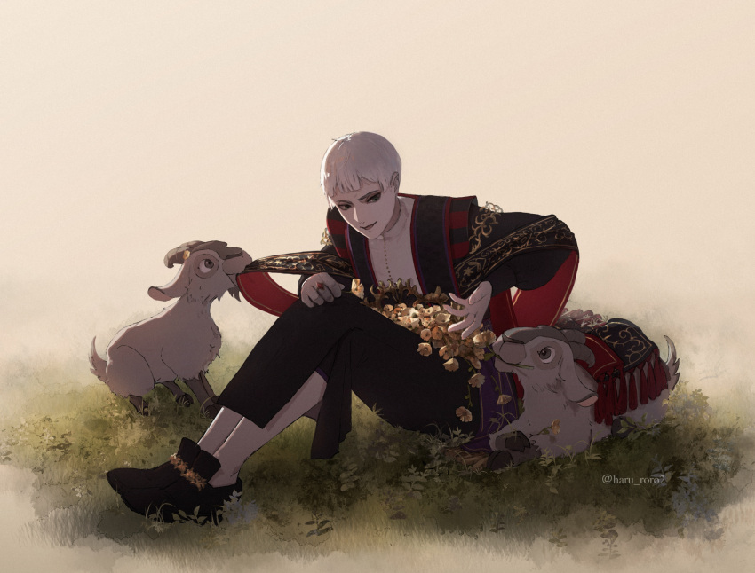 1boy, animal, black_pants, commentary_request, flower, full_body, goat, green_eyes