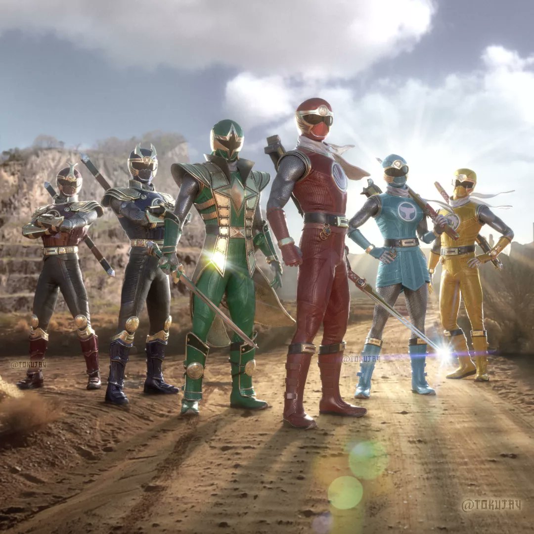 1girl, 5boys, blue_bodysuit, blue_boots, blue_helmet, blue_sky, blue_wind_ranger, bodysuit