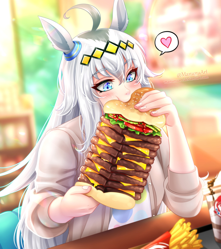 absurdres, ahoge, animal_ears, blue_eyes, blush, brown_jacket, burger, casual