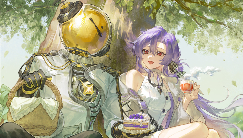 1boy, 1girl, :d, absurdres, artist_request, bare_shoulders, basket, black_gloves