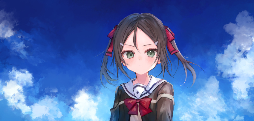 1girl, blue_sky, brown_eyes, brown_hair, clouds, commentary_request, h.yasai, hair_ribbon
