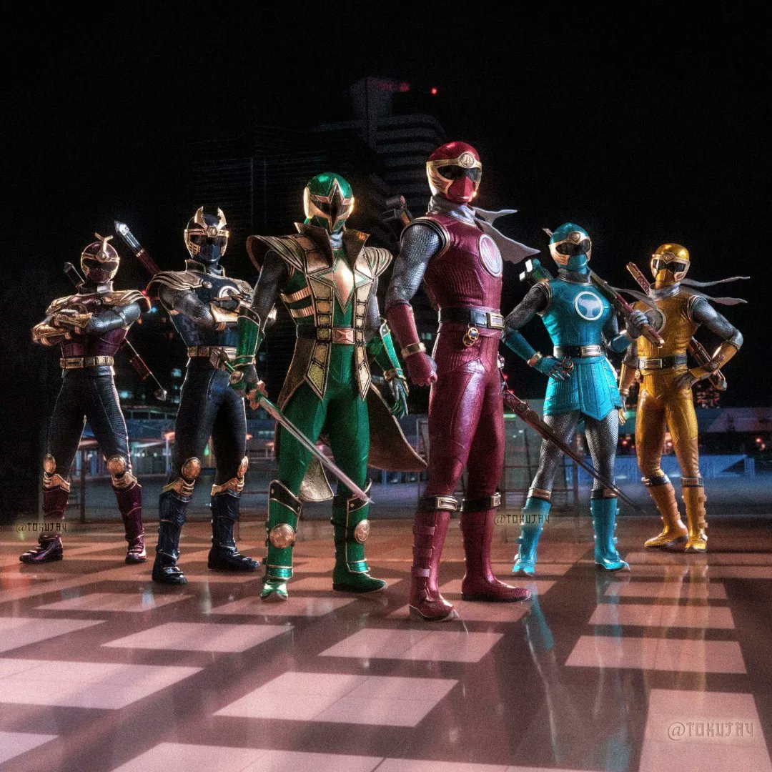 1girl, 5boys, blue_bodysuit, blue_boots, blue_helmet, blue_sky, blue_wind_ranger, bodysuit