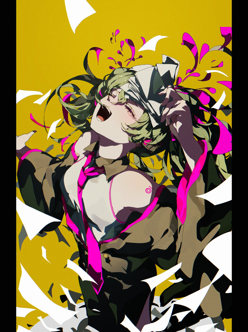 1girl, black_sleeves, closed_eyes, commentary_request, detached_sleeves, facing_up, falling_paper, floating_hair
