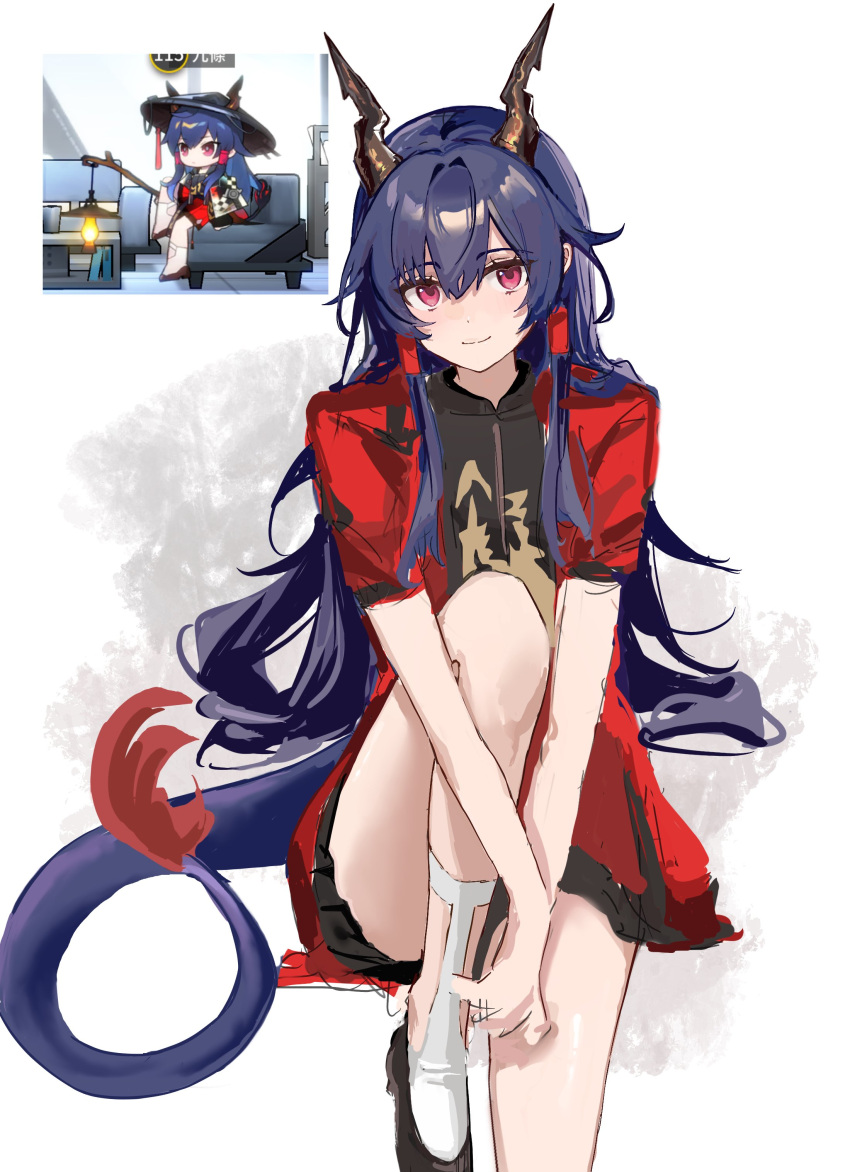 1girl, absurdres, arknights, black_shirt, black_skirt, blue_hair, ch'en_(arknights), ch'en_the_holungday_(arknights)