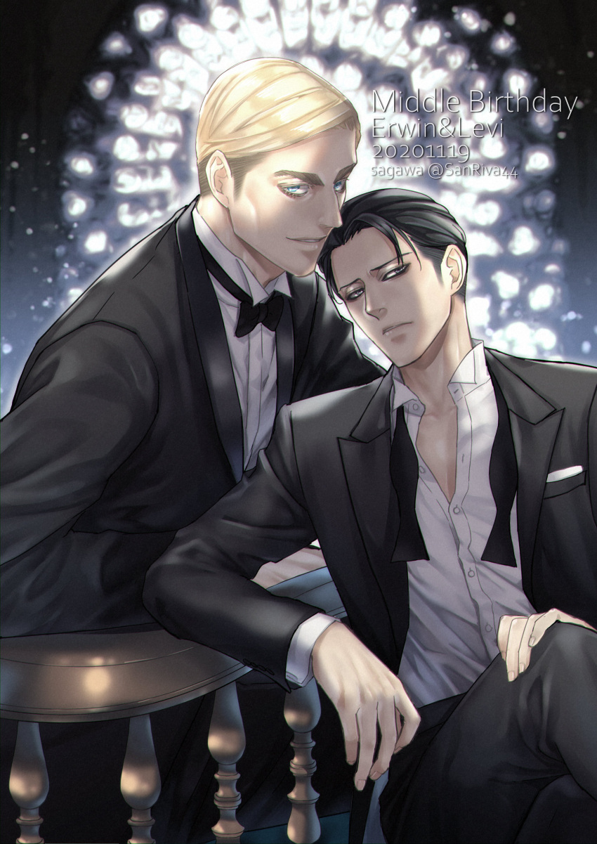 2boys, absurdres, black_bow, black_bowtie, black_hair, black_jacket, black_pants, blonde_hair