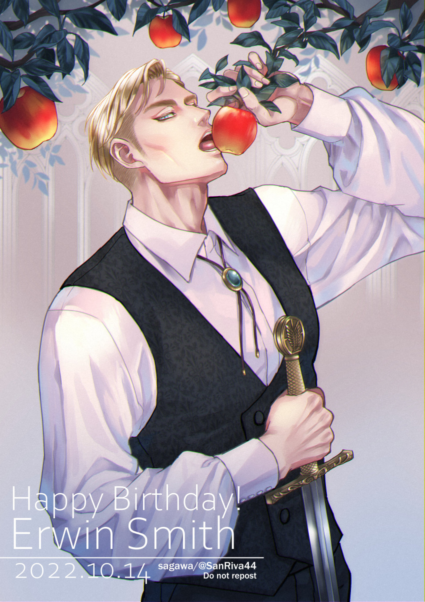 1boy, absurdres, apple, black_vest, blonde_hair, blue_eyes, bolo_tie, character_name