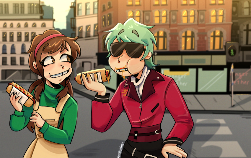 1boy, 1girl, absurdres, brown_eyes, brown_hair, city, conrad_de_la_croix, eudoxia_napoli, glasses, green_hair, green_sweater, highres, hot_dog, jacket, long_hair, long_sleeves, original, overall_skirt, red_jacket, sangius, sangius_petrified, sweater