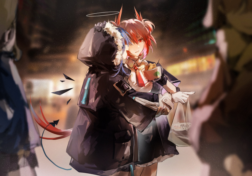 2girls, absurdres, arknights, bag, black_gloves, black_jacket, blurry, chinese_commentary