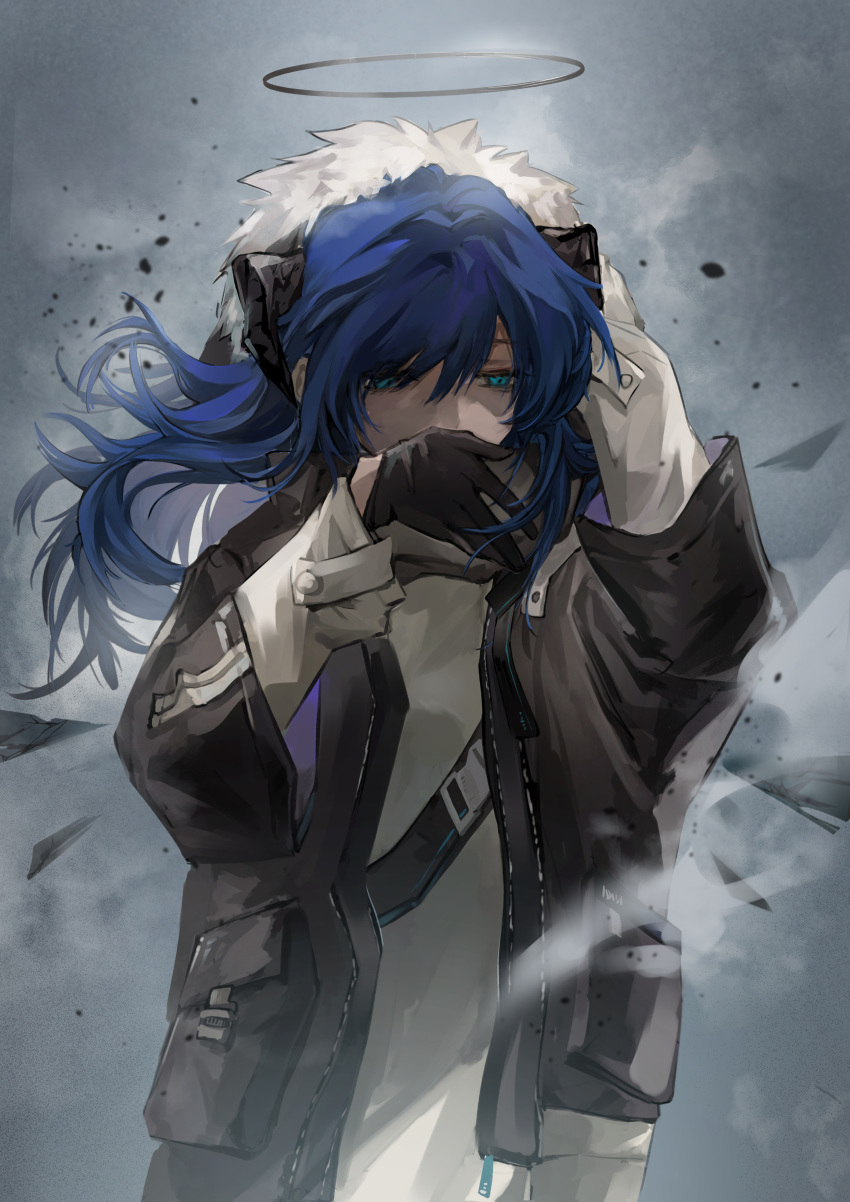 1girl, absurdres, arknights, black_gloves, black_jacket, blue_eyes, blue_hair, chinese_commentary