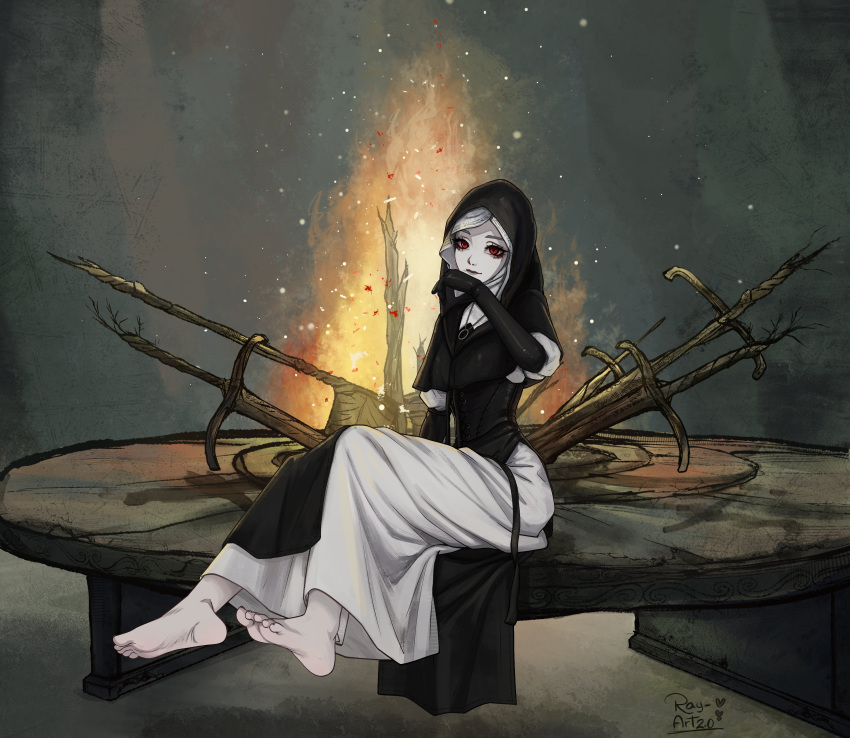 1girl, absurdres, barefoot, black_dress, black_gloves, black_theme, commentary, commission