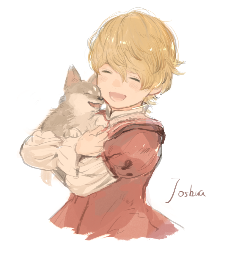 1boy, animal, blonde_hair, character_name, child, closed_eyes, coat, cropped_torso