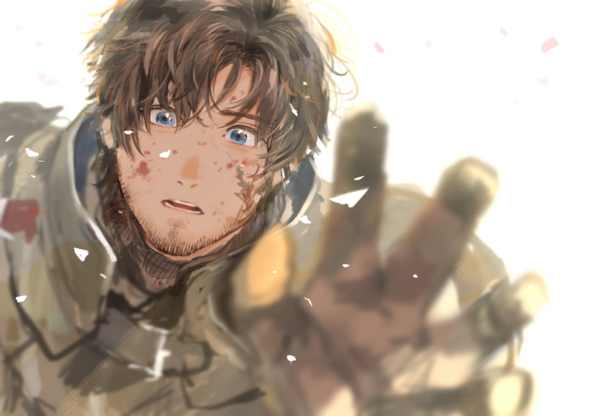 1boy, armor, beard_stubble, black_hair, blood, blood_on_face, blue_eyes, blurry