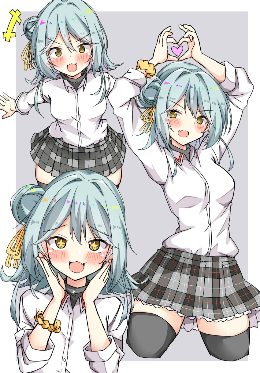 1girl, aqua_hair, arms_up, black_thighhighs, blush, breasts, buttons, commentary_request