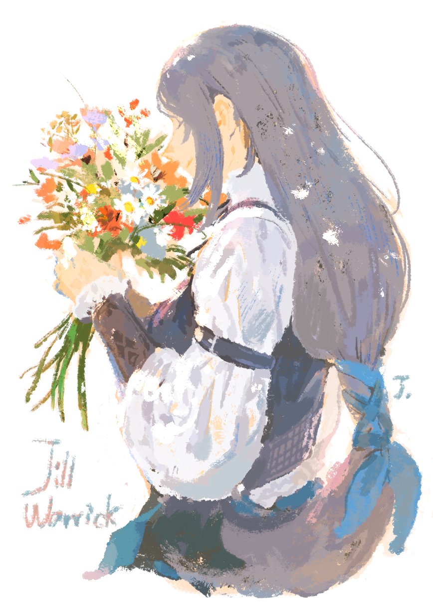 1girl, blue_ribbon, blue_vest, bouquet, breasts, character_name, closed_eyes, final_fantasy