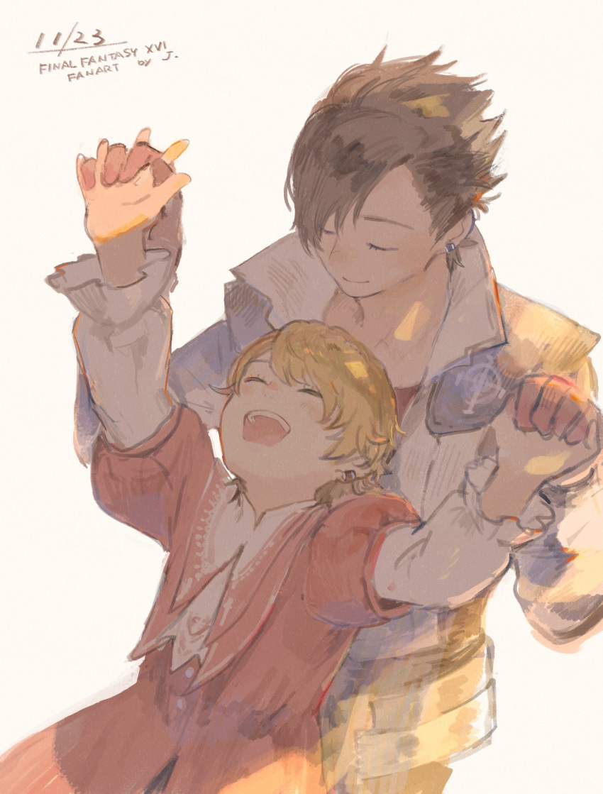 2boys, black_hair, black_jacket, blonde_hair, brothers, child, clive_rosfield, closed_eyes