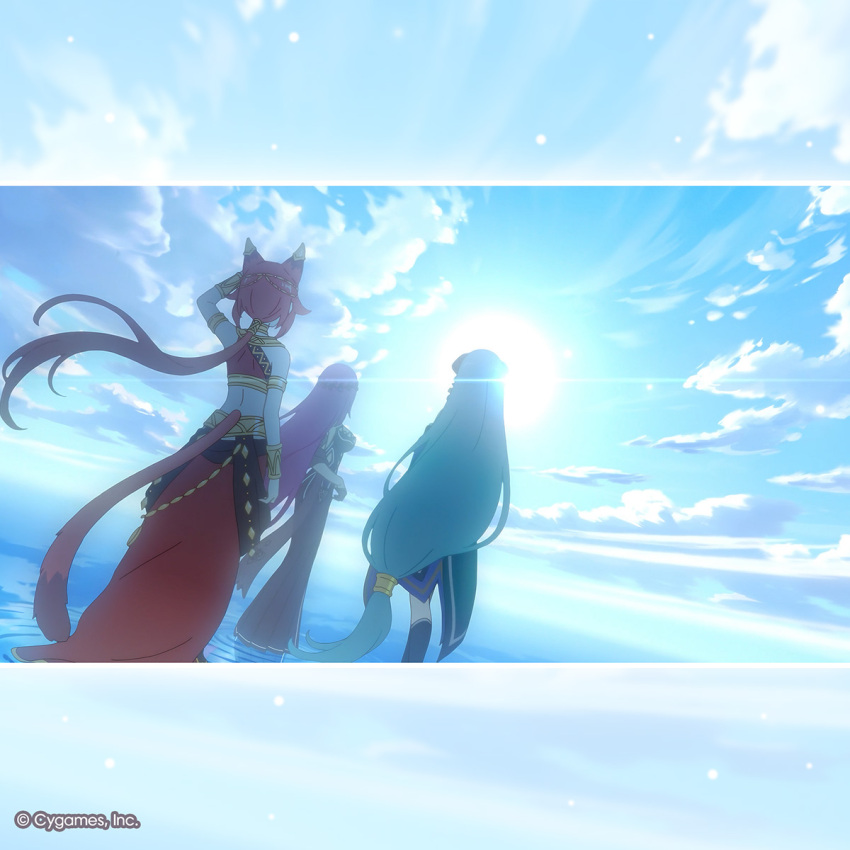 3girls, aira_(princess_connect!), album_cover, animal_ears, arm_up, bare_shoulders, blue_eyes, blue_sky