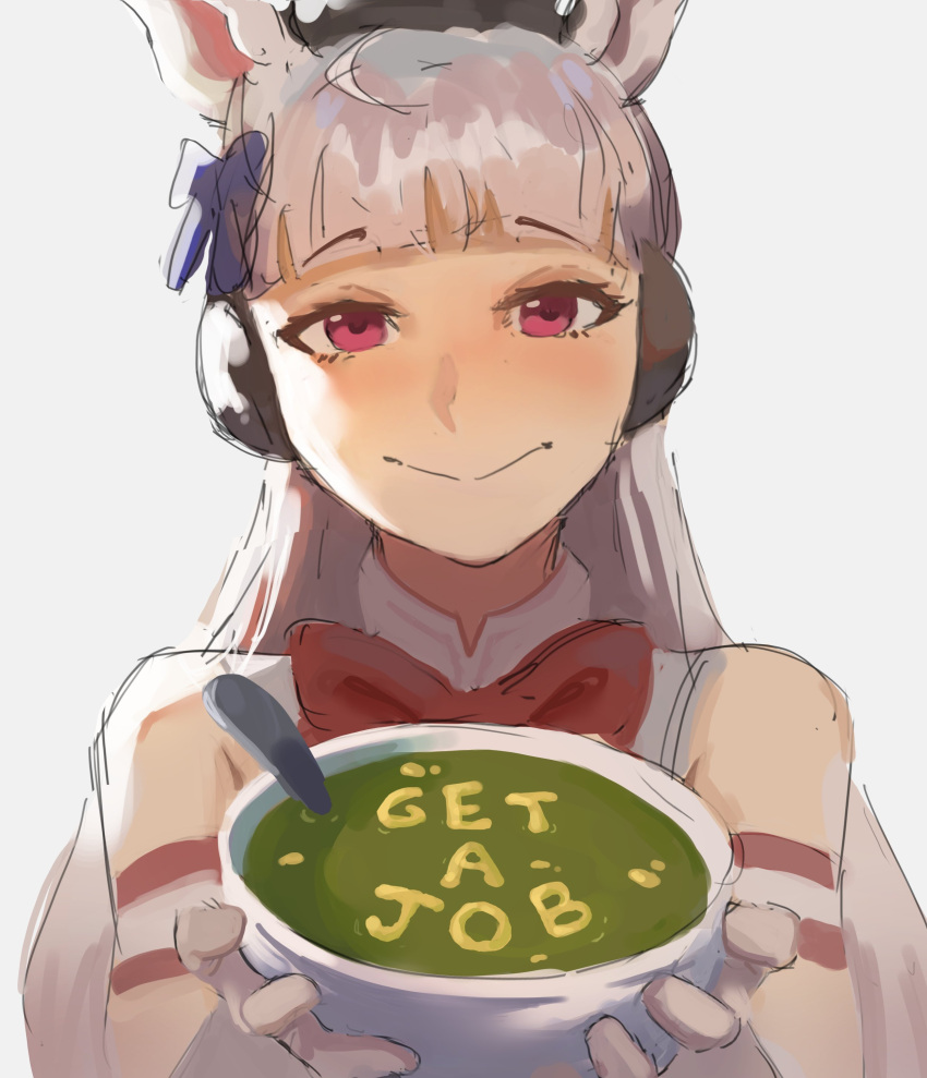 1girl, absurdres, alphabet_soup, animal_ears, armband, bare_shoulders, blunt_bangs, blush