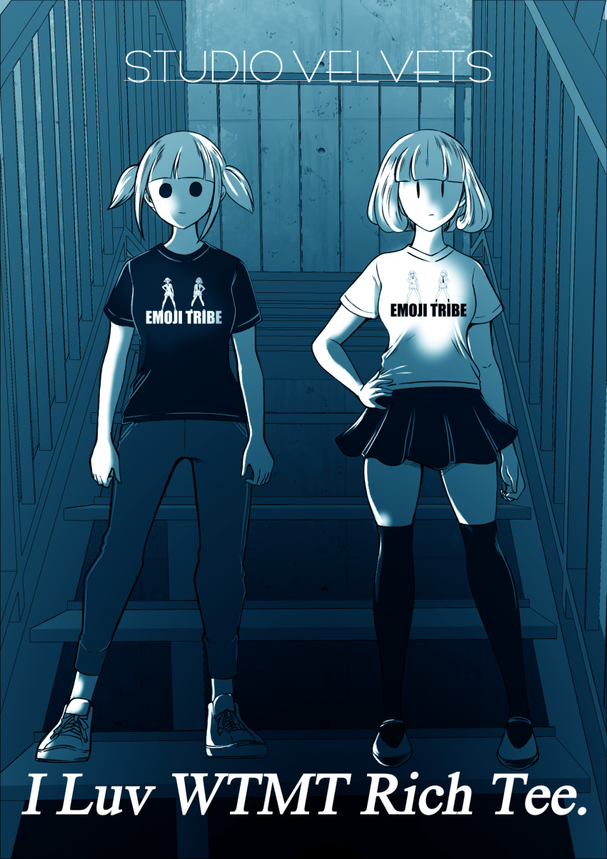 2girls, blunt_bangs, bob_cut, breasts, commentary_request, english_text, futaki_shiki, highres