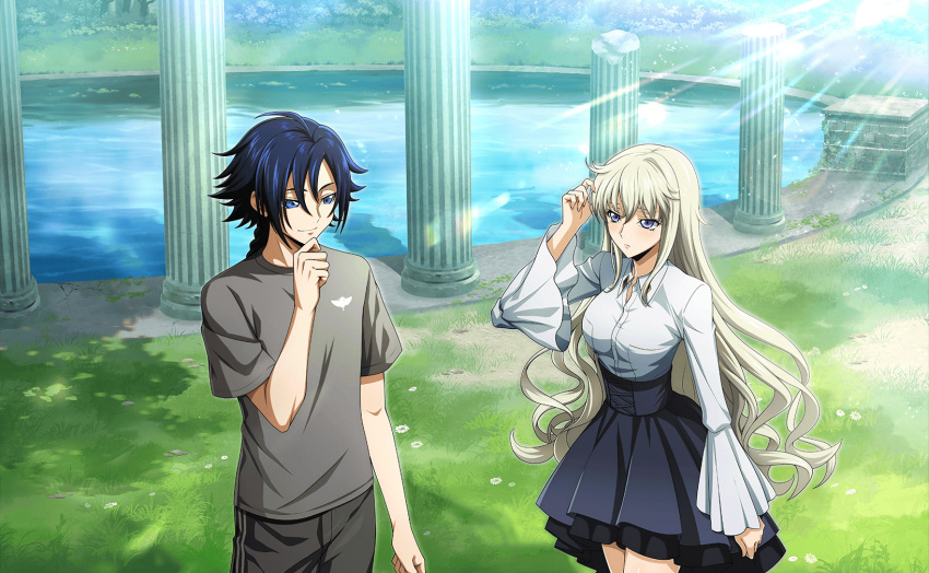 1boy, 1girl, arm_up, artist_request, black_skirt, blonde_hair, blue_eyes, blue_hair